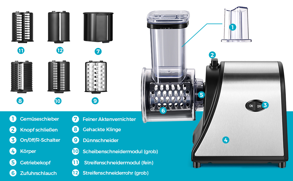 Електричний овочевий слайсер COOCHEER з нержавіючої сталі, тертка для сиру та овочів, багатофункціональний подрібнювач з 5 лезами для картоплі, моркви, цибулі
