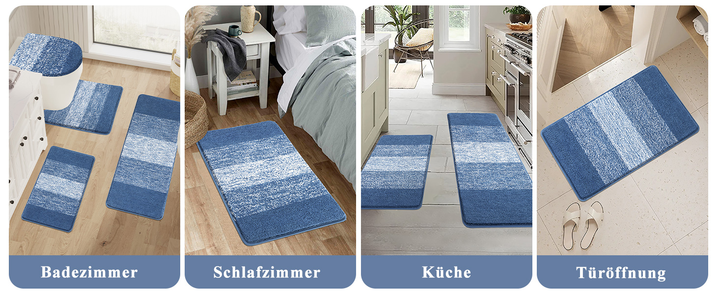 Enyhom 4-Piece Microfiber Bath Mat Set - Non-Slip Bathroom Rugs & Toilet Lid Cover (Blue, 45x65cm, 45x120cm, 50x60cm, 48x53cm)