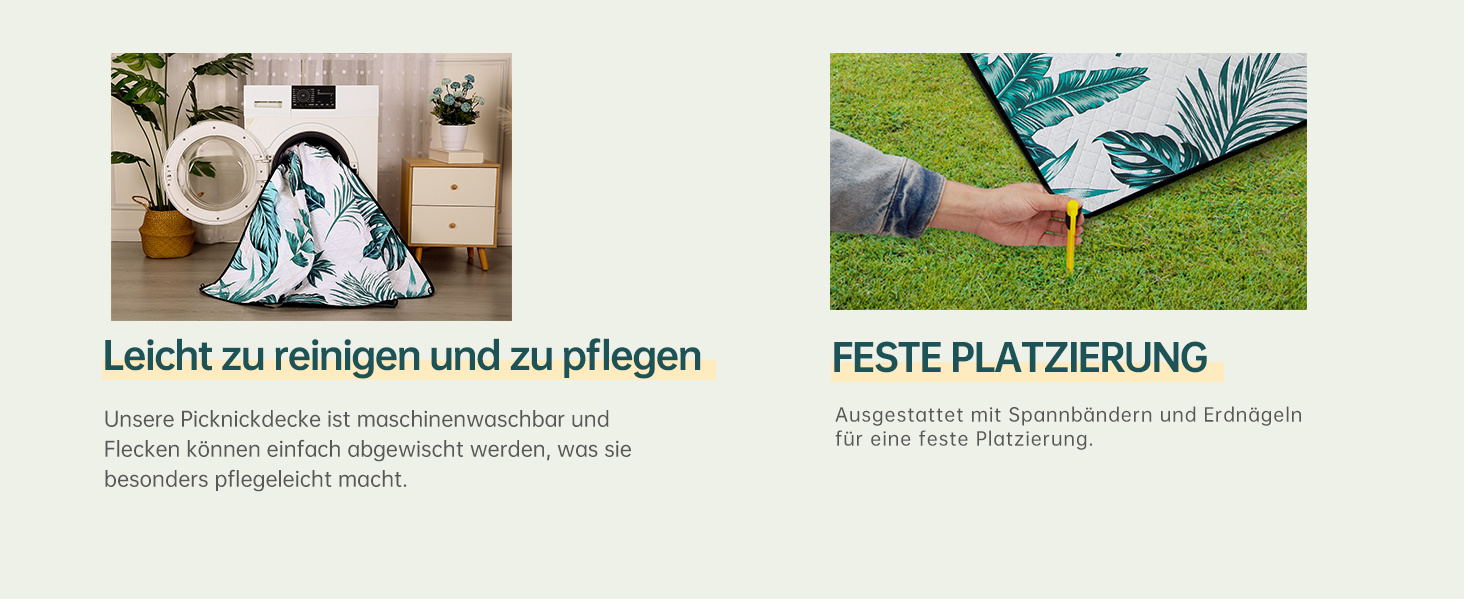 Плед для пікніка HAUSPROFI 200x300 см, водонепроникний, ізольований, XXL. Для пікніка, пляжу, кемпінгу. Бавовняна підкладка, ручка для перенесення, кілочки. Зручний, миючий, тримає форму. Зелений рослинний принт.