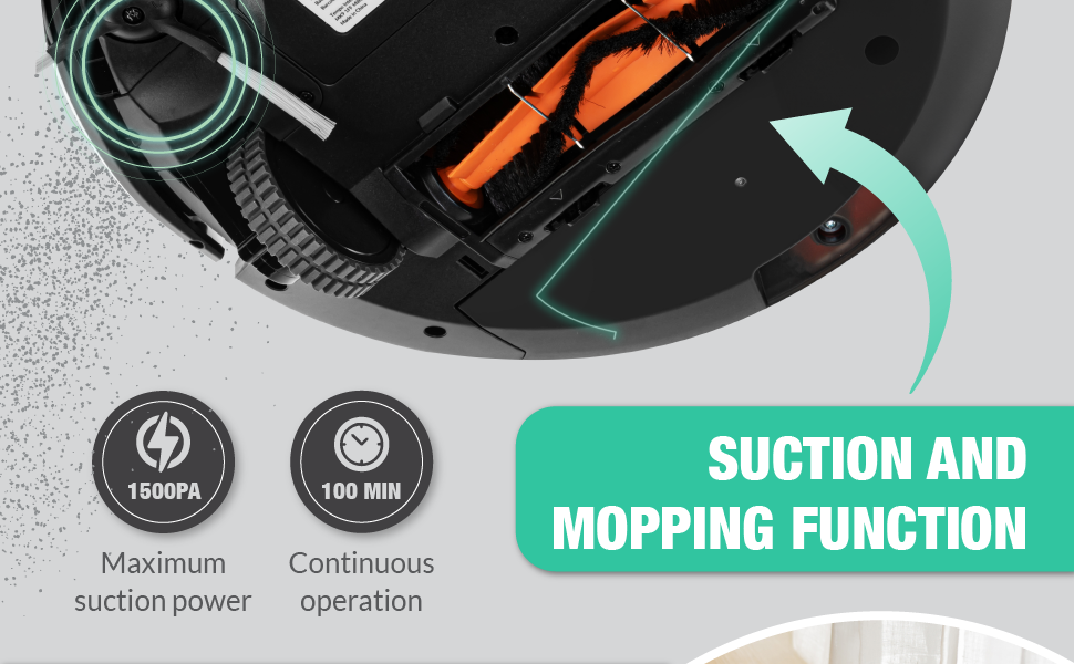 Робот-пилосос з функцією миття - для килимів, твердих поверхонь та шерсті тварин. З пультом дистанційного керування та стацією для зарядки. Робочий час до 120 хвилин, керування через додаток.