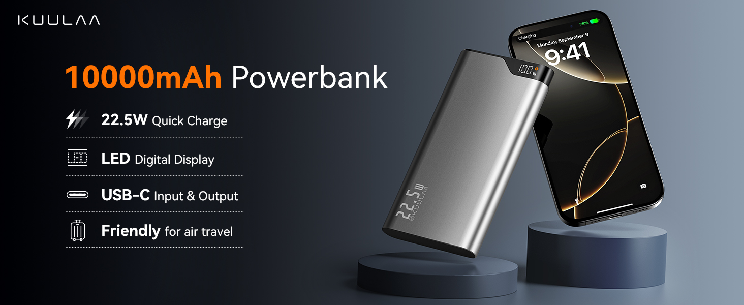 Power Bank Kuulaa 10000mAh 22.5W з USB-C: зарядний акумулятор для iPhone, Samsung, iPad, Huawei