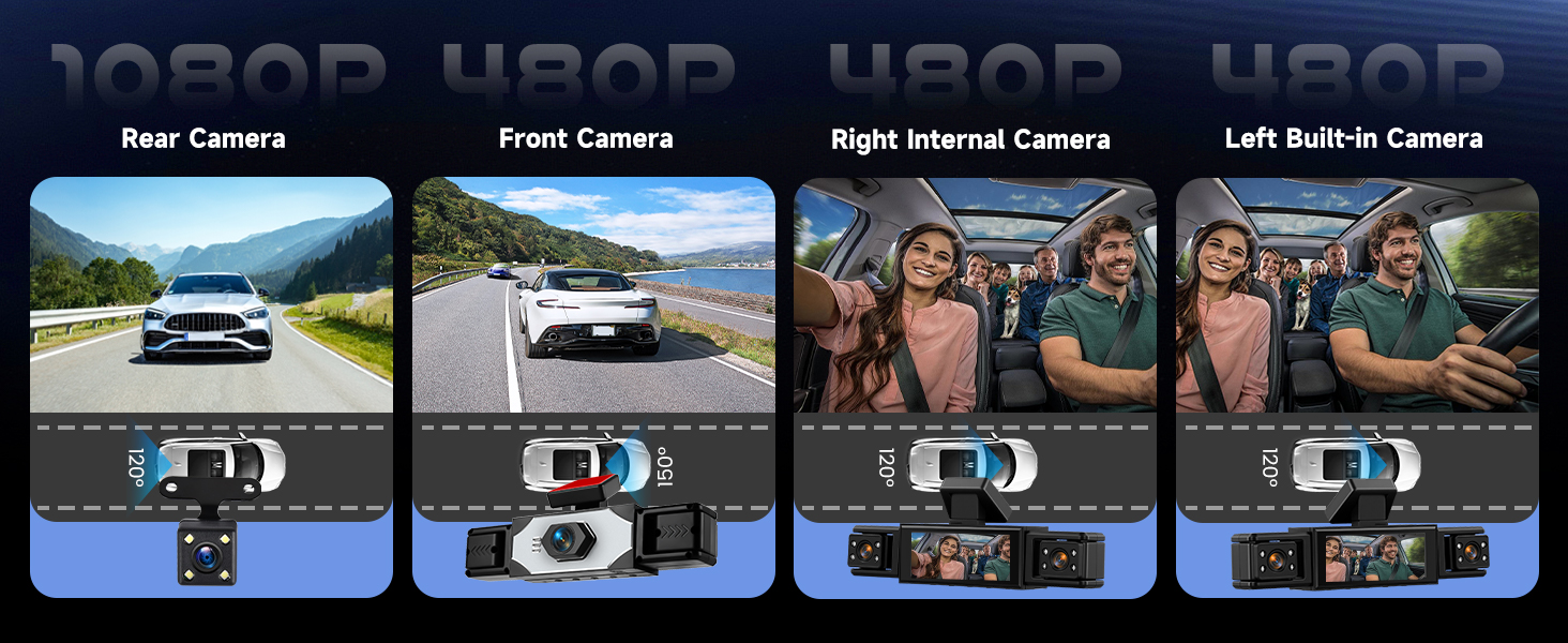 Автомобільний відеореєстратор Hodozzy 4-канальний, Dashcam з екраном 3.16 дюймів, фронтальна та тильна камери
