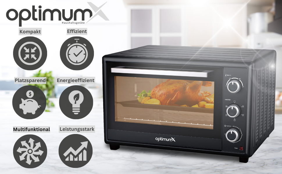 Міні-піч OptimumX 20L з конвекцією, таймером на 60 хв, для піци, 1380 Вт, чорний (60 літрів)