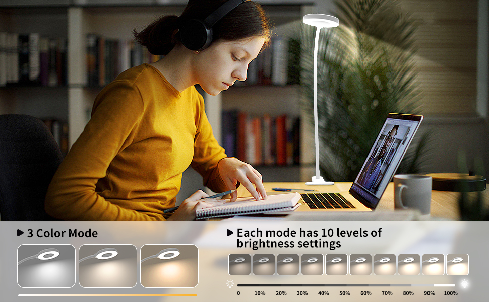 iZELL LED лампа для читання з гнучким 40см штангою, диммер, 3 режими, 10 рівнів яскравості, USB-зарядка, для читання та роботи