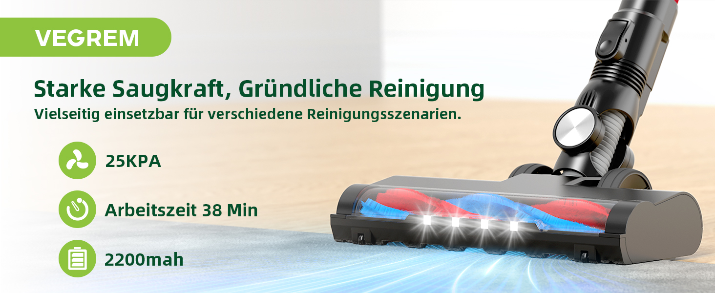 VEGREM Бездротовий акумуляторний пилосос 25Kpa з LED-підсвіткою та 2 режимами потужності, до 40 хвилин роботи