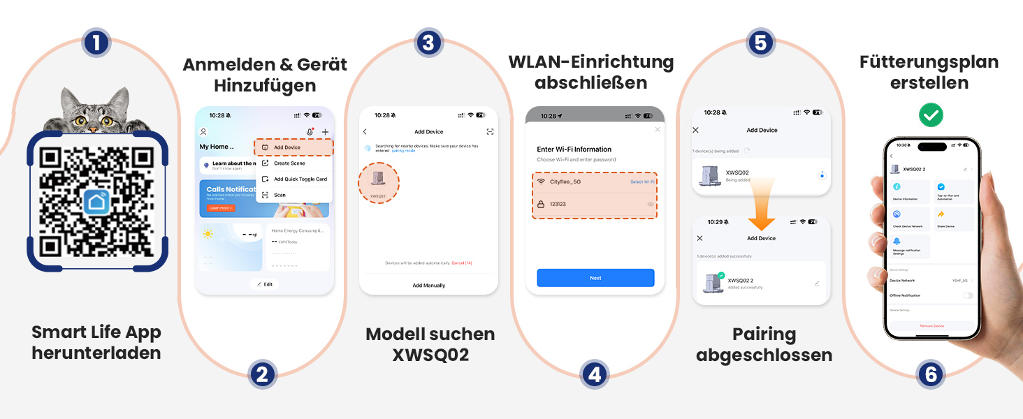 Автомат годування котів з App-керуванням, для 2 котів, регульована висота, 2 миски, 5-літровий бункер, з функцією запису голосу, таймер, WiFi