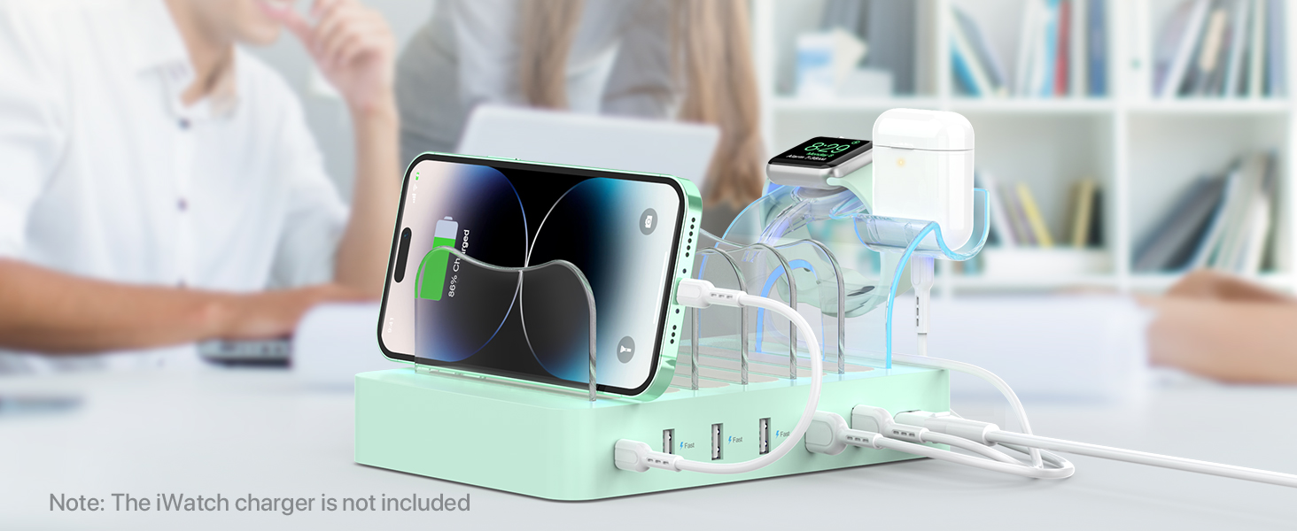 Зарядна станція SooPii USB 60W/12A, 6 портів, органайзер для декількох пристроїв з тримачем для Apple Watch, 6 кабелів для телефонів, планшетів та інших електронних пристроїв. Зелена