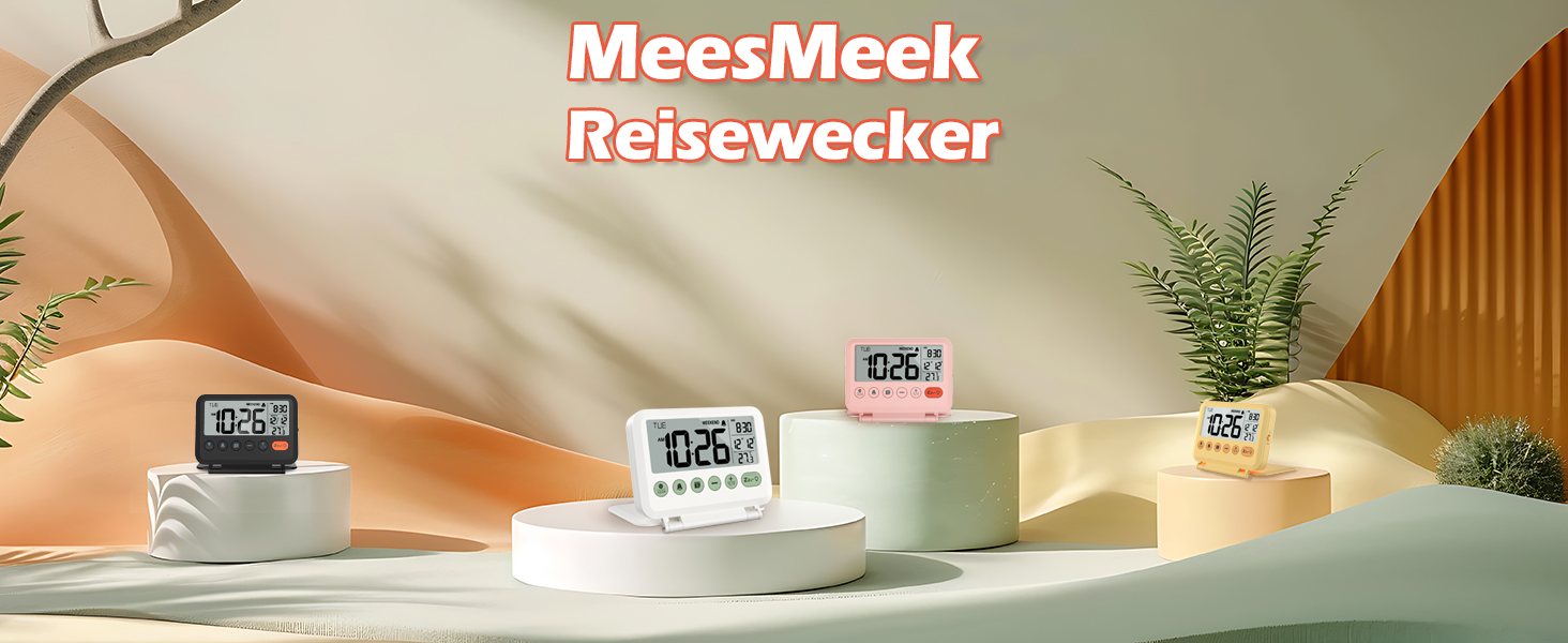 Цифровий годинник-будильник MeesMeek: 2 рівні освітлення та гучності, 12/24 год, календар, температура, вихідні, відкладений режим, складаний, на батарейках, рожевий