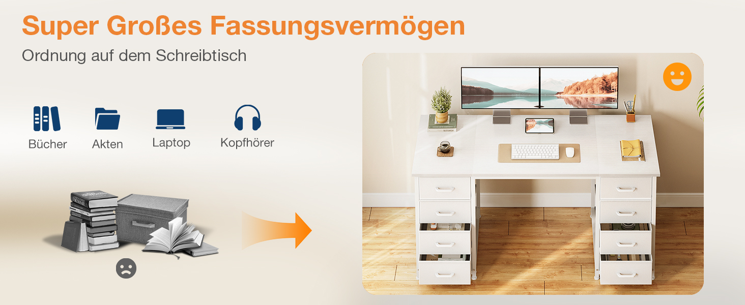 Комп'ютерний стіл Coleshome з 8 висувними ящиками з тканини, 140x48 см, білий. Зберігання, для офісу, дому, ігровий стіл.