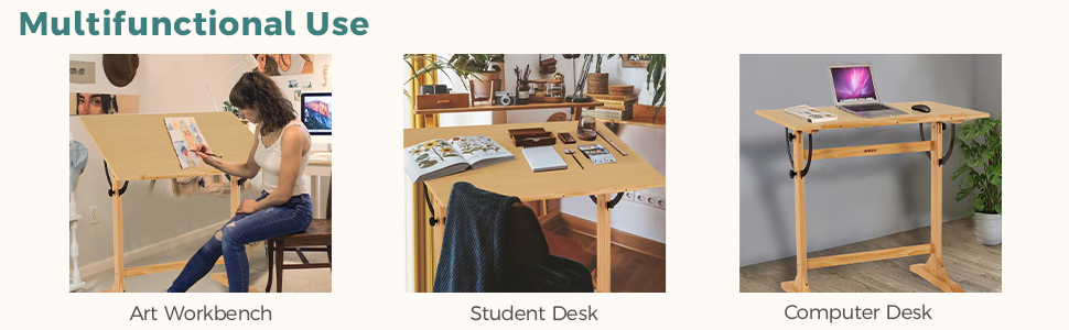 VISWIN Adjustable Drawing Table - Large Wooden Art Desk for Artists - Height & Angle Adjustable, Solid Pine Wood, Studio Easel Table for Painting & Drawing