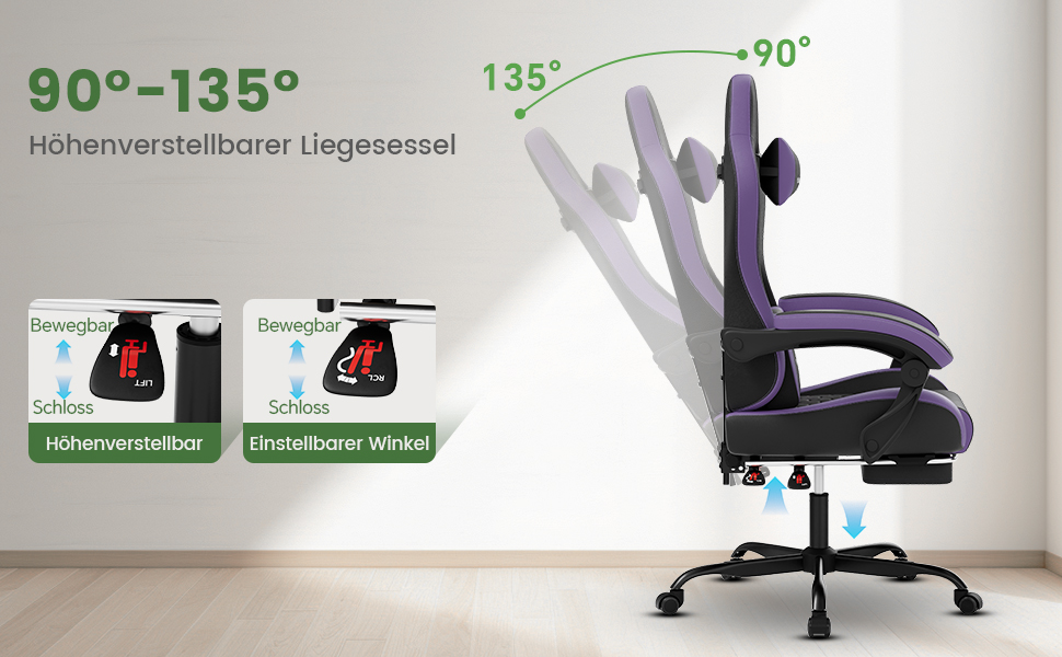 Ігрове крісло Racing Ergonomisch з підніжкою та масажним поперековим подушкою, навантаження до 150 кг, екошкіра, офісне крісло (Чорно-фіолетове)