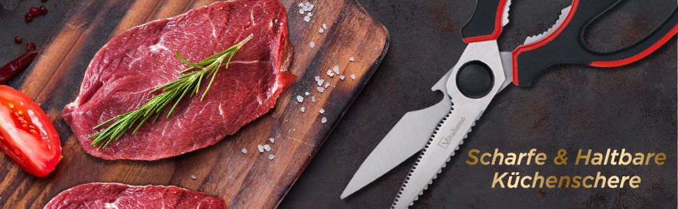 Універсальні кухонні ножиці 21 см з нержавіючої сталі, для риби, птиці, горіхів, з захистом леза, миючі в посудомийній машині, для лівшів, червоні