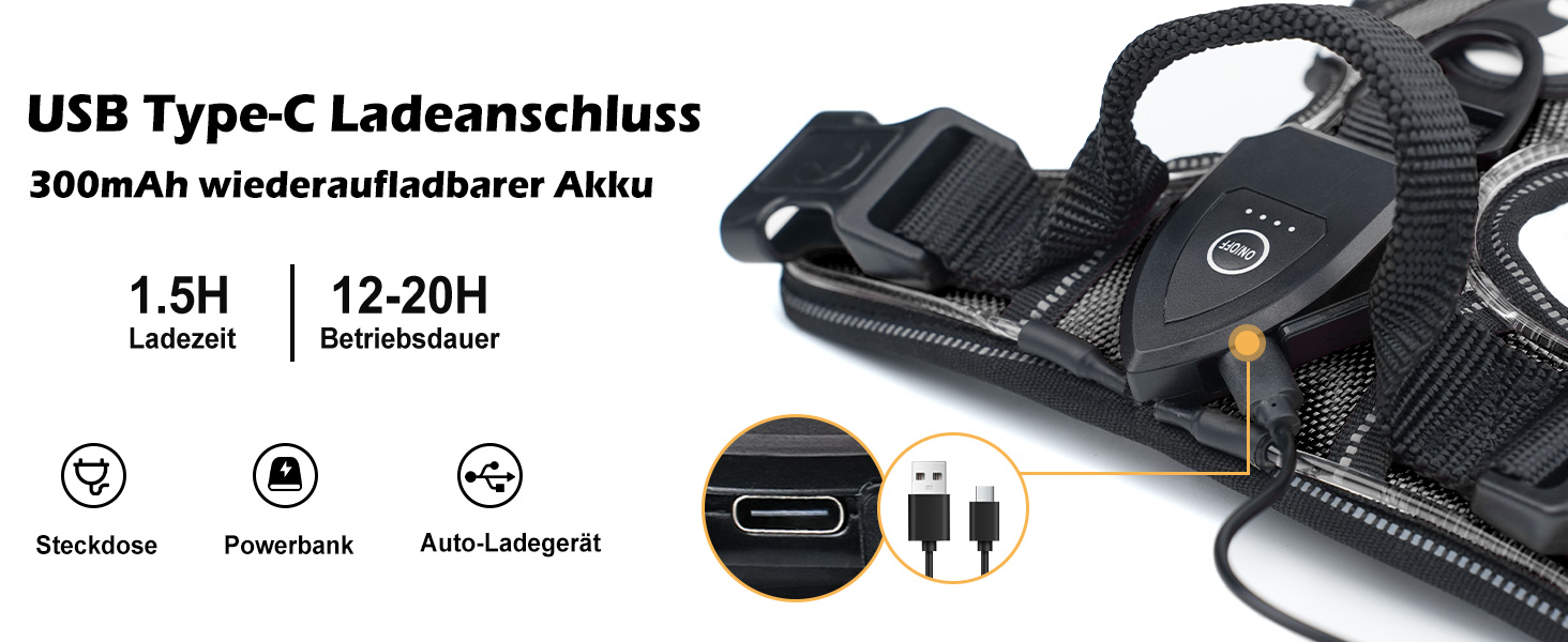 Світловідбиваючий нашийник для собак Joytale з LED, перезаряджуваний, для середніх собак, не тягне, з ручкою, регульований, для нічних прогулянок, чорно-синій, M (1 шт.)