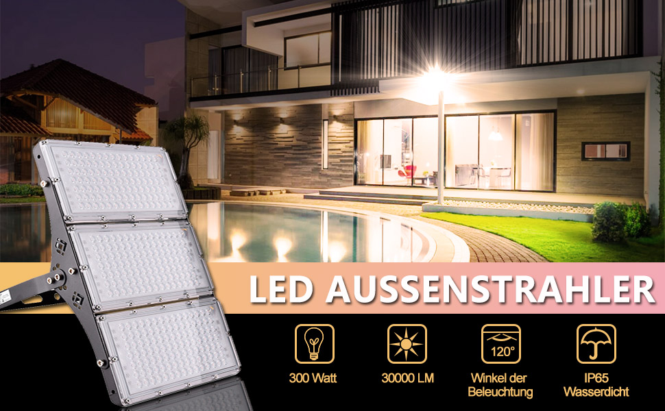 LED прожектор 300W 30000Лм, тепле біле світло 3000K, IP65, вуличний водонепроникний ліхтар для саду, тераси, гаража, спортмайданчика, фабрики, майстерні