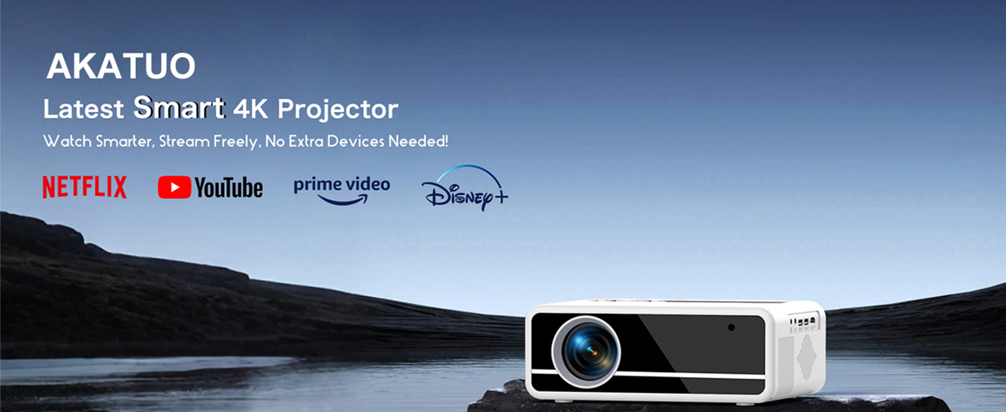 Проектор AKATUO Smart 4K з підтримкою Netflix, Full HD 1080P, WiFi6 Bluetooth, електричним фокусом та автотрапецеїдною корекцією для дому та вулиці (сумісний з iPhone)