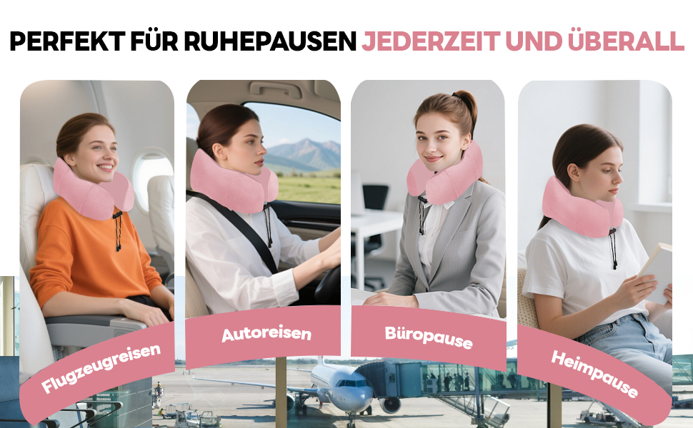 Подушка для шиї у літак - подушка для подорожей Memory Foam, ергономічна форма - подушка для шиї з маскою для сну, навушниками, сумкою - ідеальна для літака, подорожей, офісу, дому Рожева