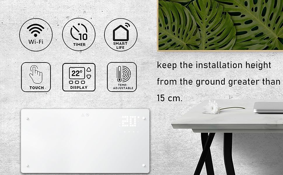 Конвектор DONYER POWER 2000W з Wi-Fi, білий, настінний/підлоговий, таймер, пульт керування, скляна панель