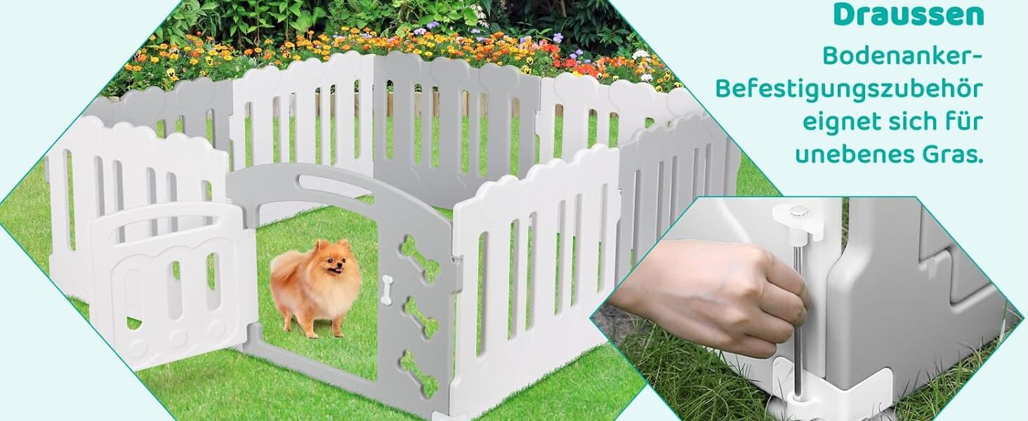 Летворешітка для цуценят Mamizо 60см, сталева та пластикова, з воротами та фіксаторами, для дому та на вулицю (7+1, сіро-біла)