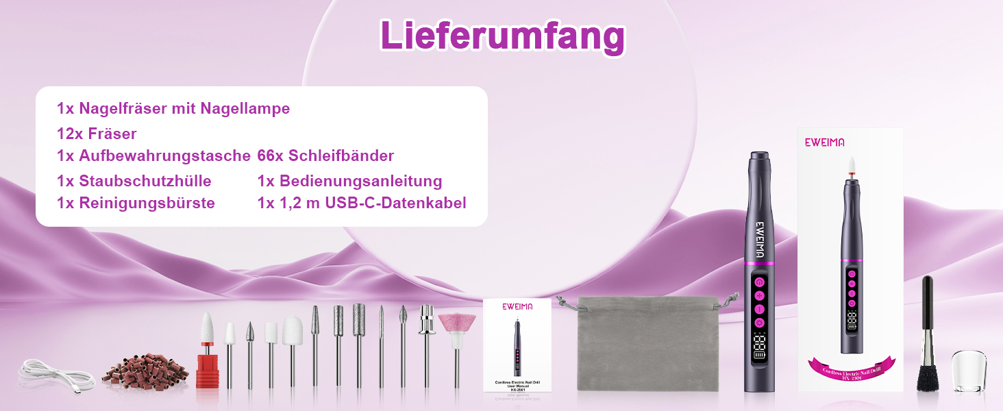 Електричний фрезер для нігтів EWEIMA 13 в 1 бездротовий, 35000 об/хв, 35 швидкостей, 66 насадок для гель-манікюру, професійний нейл-дриль, 1000mAh, сірий