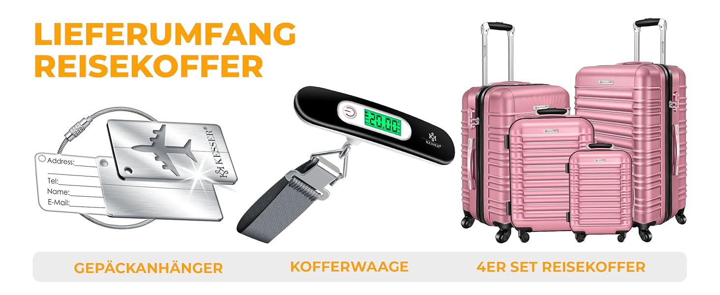 Набір валіз KESSER® з ABS-пластику (S-M-L-XL) з телескопічною ручкою, 4 колеса, ваги та бірка, рожевий