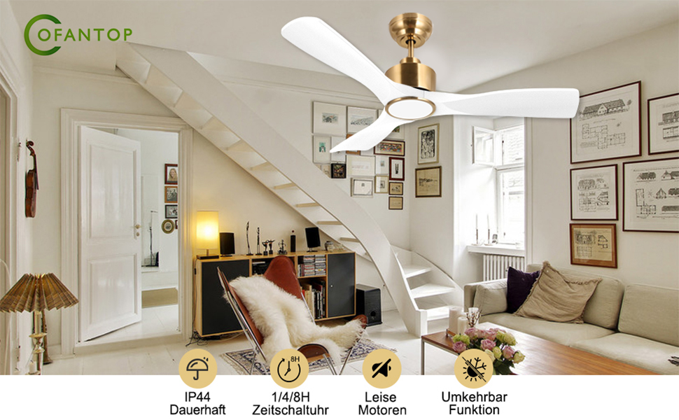 Сучасний стельовий вентилятор з підсвічуванням та пультом керування, 132 см, білий та золотий, тихий DC-двигун, сумісний з Alexa/Google Home