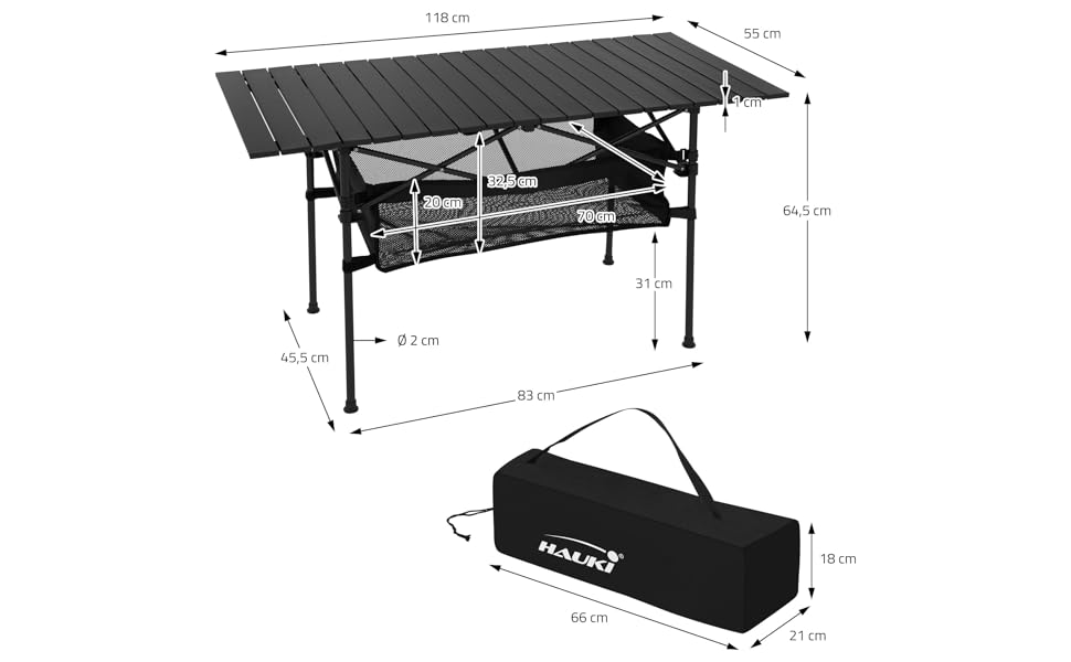 Стіл для кемпінгу Hauki Braun, розкладний, 118 x 55 x 64,5 см, алюмінієвий, з рулоючою стільницею, для відпочинку на природі, саду, балкону, подорожей, ринку, з сумкою