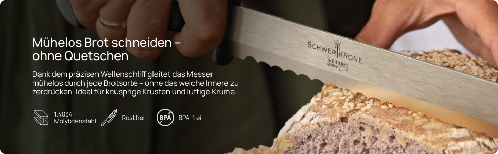 Ніж для хліба Schwertkrone® з хвилястим лезом, 19 см - Ніж для нарізання хліба та булочок з нержавіючої сталі, зроблене в Золінгені, Німеччина