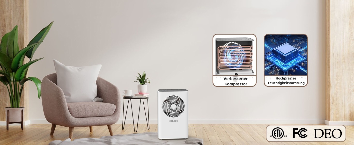 COLAZE 12L/24h Dehumidifier - Electric Dehumidifier Suitable for Room Sizes 120m³ (30m²) - Dehumidifier with Automatic Defrost & Water Level Warning - Room Dehumidifier Under 36dB for Apartment, Basement