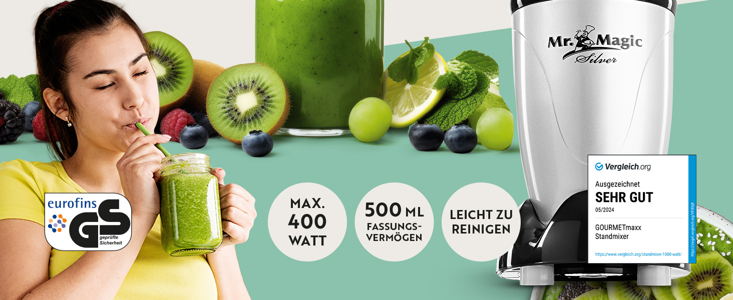 Блендер GOURMETmaxx Mr. Magic Mixer 4-в-1, міксер для смузі, подрібнювач, 8 функцій, з чашею та кришкою, для шейків, смузі, коктейлів