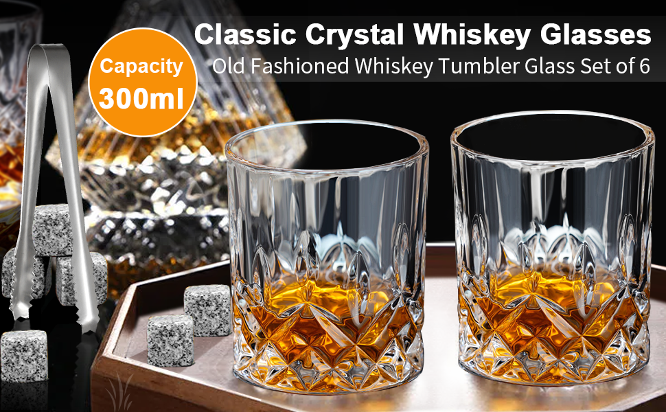 Набір склянок для віскі (6 шт.), 300 мл, кришталеві, для бурбону, бренді, рому, коктейлів, для дому, бару, вечірки, прозорі