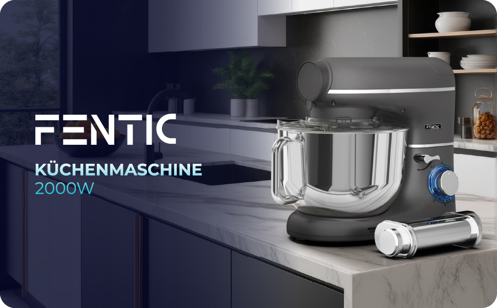 Кухонна машина з тістомісом та машиною для пасти – 2000W, з нержавіючою чашею 6.2L (сіра)