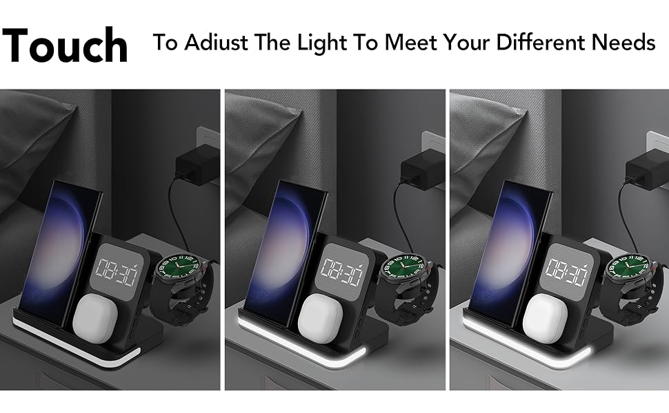 Бездротова зарядка 4-в-1 з будильником для Samsung Galaxy: Watch, Buds, Fold, Flip, S-серії (чорний)