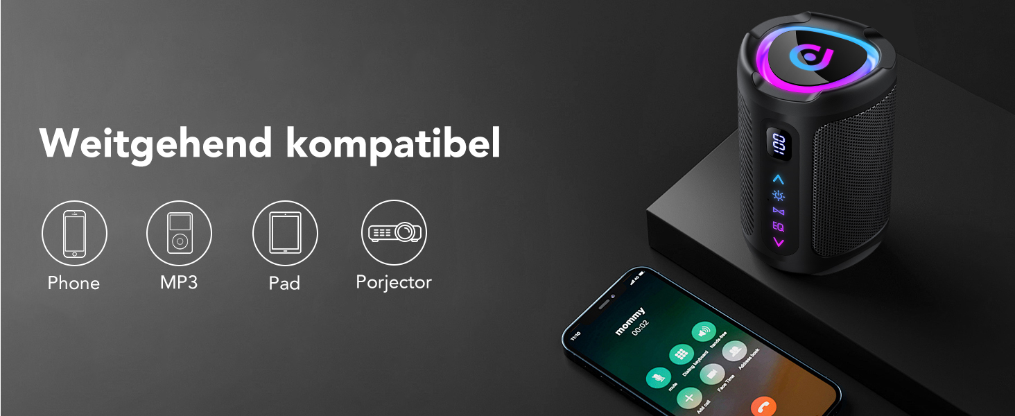 Bluetooth колонка з підсвіткою 2026 Musikbox: Портативна колонка Bluetooth 5.4, 15 Вт, Покращений бас, IPX7 водонепроникна, для подорожей, спорту, вечірок, велосипедів, Чорний