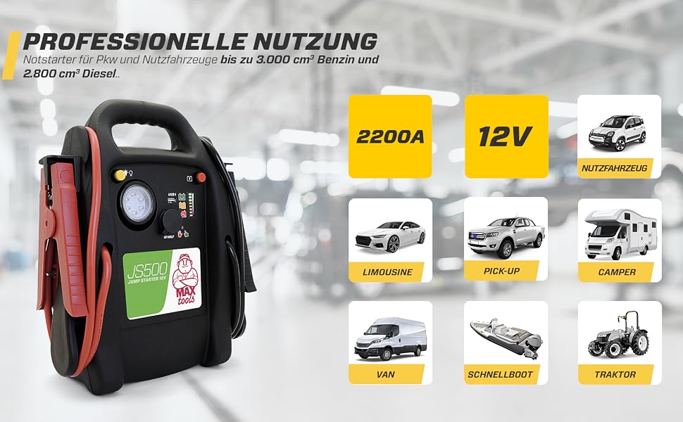 Бустер для авто MAXTOOLS JS500 2200A 22Ah — Пусковий пристрій (Jump Starter) для 12V дизельних та бензинових двигунів, Powerbank з LED-ліхтарем та USB