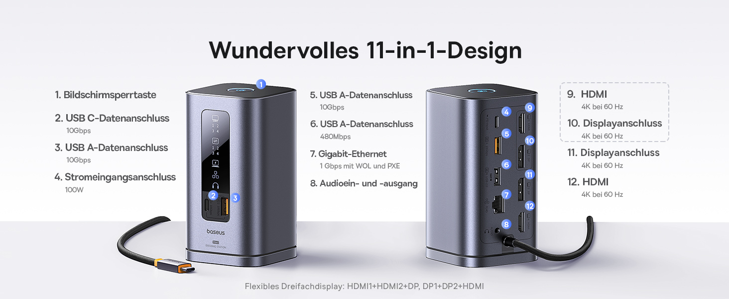 Базаус Док-станція USB-C 12-в-1 для ноутбуків Dell/HP/Lenovo/Asus/Acer/Mac, 2 монітори 4K HDMI, 10Gbps USB-C/A, 100W PD, Gigabit Ethernet