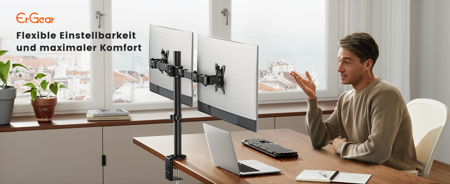 Кріплення для монітора ErGear на 2 монітори (13-32 дюйми), регульоване, поворотне, нахилене, поворотне, VESA 75/100, чорний