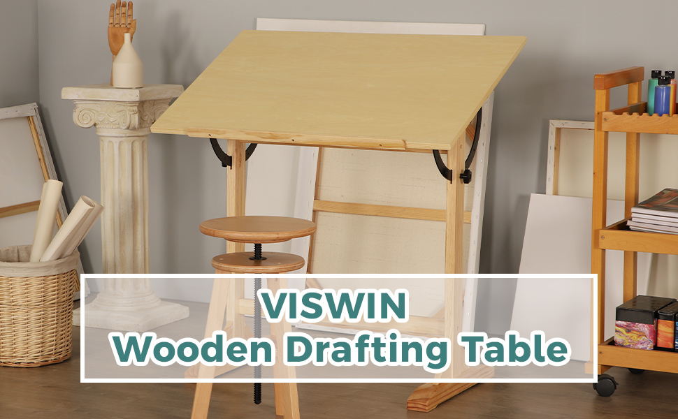 VISWIN Adjustable Drawing Table - Large Wooden Art Desk for Artists - Height & Angle Adjustable, Solid Pine Wood, Studio Easel Table for Painting & Drawing