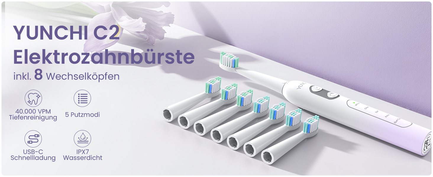 Електрична зубна щітка YUNCHI C2 з 40000 вібрацій на хвилину, звукова щітка для дорослих, зарядка USB-C, акумулятор на 55 днів, 5 режимів чищення, таймер 2 хвилини, 8 насадок, дорожній футляр, чорний (C2 фіолетовий та білий)