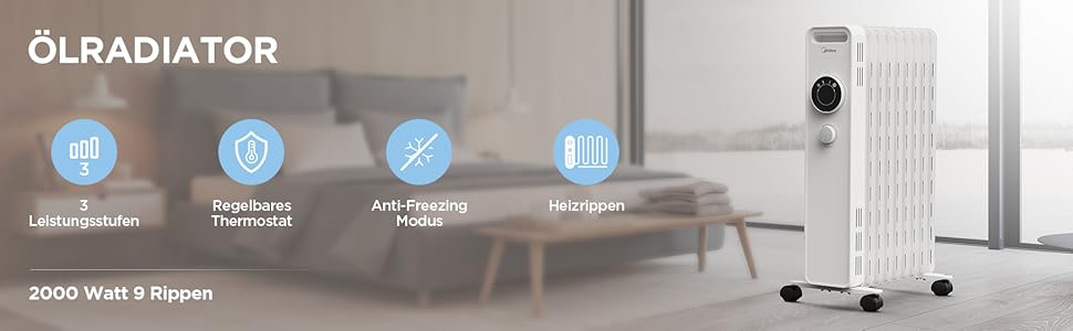 Радіатор масляний Midea 2000W, енергозберігаючий, тихий, з 9 ребрами, термостатом, 3 режими, захист від замерзання, LED дисплеєм, захистом від перекидання та перегріву, ECO-режим