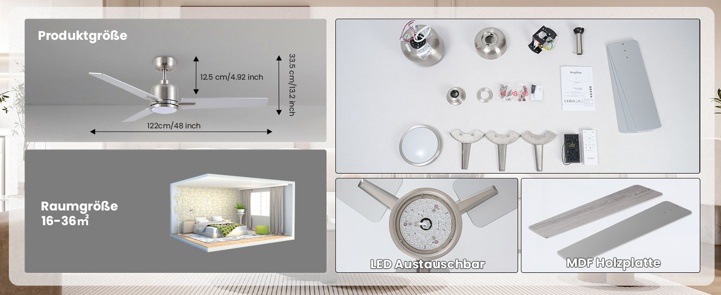 Стеляний вентилятор Newday з дерева білого кольору, 122 см з підсвіткою та пультом керування. Тихий вентилятор на стелю з лампою, регульована яскравість, DC мотор, реверсивний режим для спальні та вітальні (122-silber-holz)