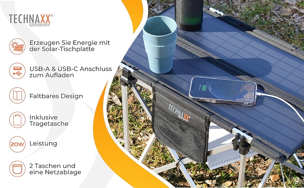 Сонячний кемпінговий стіл Technaxx 60W зі складаною панеллю та USB-зарядкою (TX-251)