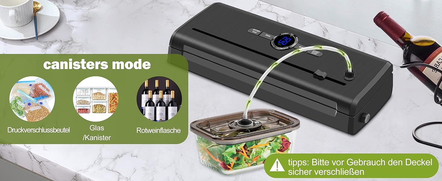 Вакуумний пакувальник KLGFI 7-в-1: професійний апарат для пакування продуктів з подвійною зварювальною швом, з нарізкою та цифровим лічильником. У комплекті 50 вакуумних пакетів. Чорний колір.