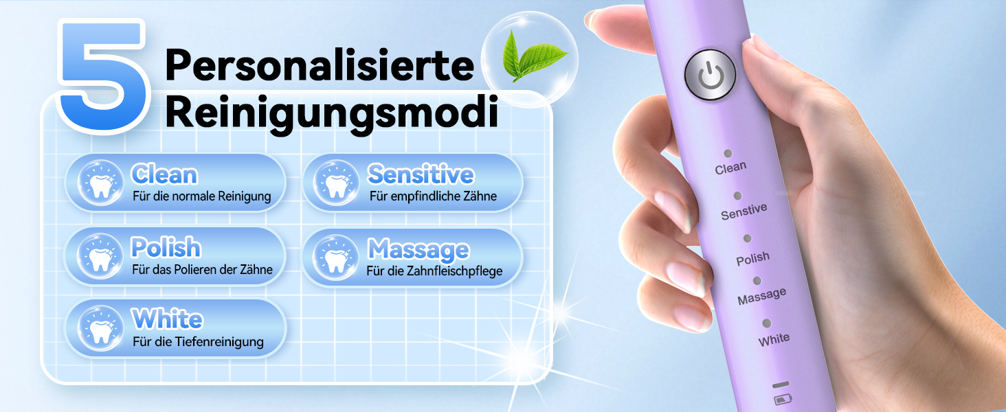 Електрична звукова зубна щітка JTF з очищувачем язика, 8 насадок, 5 режимів, функція пам'яті, таймер 2 хв, IPX7, швидка зарядка 3 год, для дорослих (блакитний) (фіолетовий + очищувач язика)