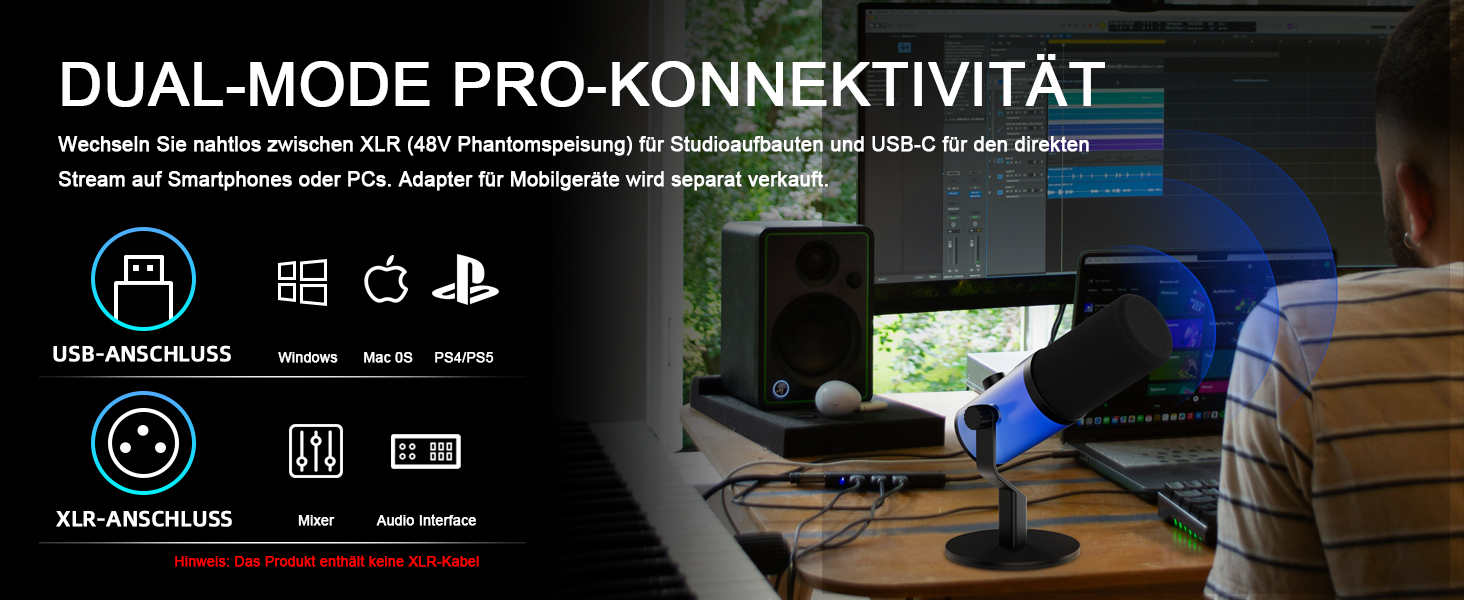 Динамічний USB-C/XLR мікрофон D Debra для студії, подкастів та стрімінгу, кардіоїдний, 192кГц/24Біт, з сенсорною кнопкою Mute, регулятором Gain та роз'ємом для навушників, для ПК та смартфона