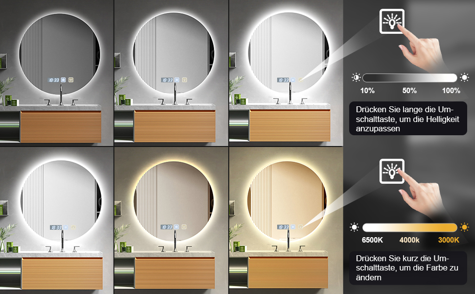 Дзеркало для ванної кімнати Viugreum з підсвічуванням 50x75 см, овальне LED дзеркало, регульована яскравість, 3 кольори світла, протитуманне покриття, годинник, сенсорна кнопка, LED дзеркало для ванної кімнати, вітальні (60 см кругле)