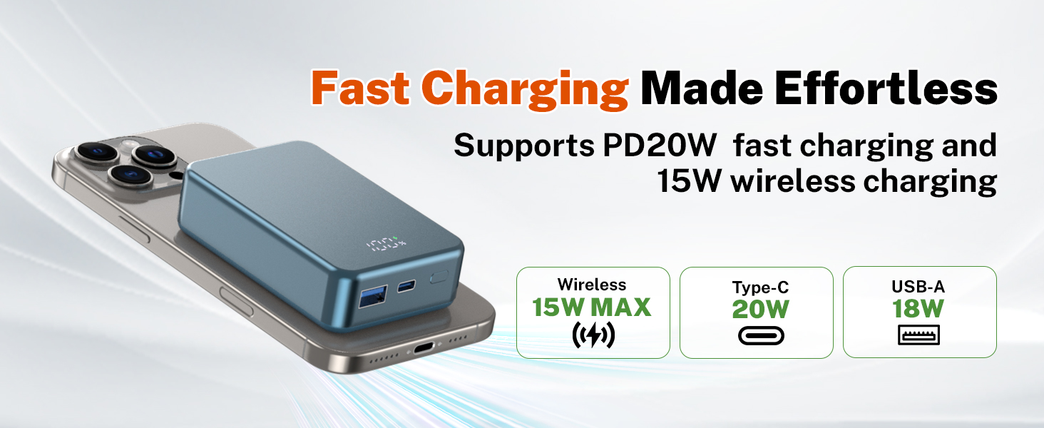 Магнітний Power Bank бездротової зарядки 26800mAh, швидка портативна зарядка з USB-C, для iPhone 16/15/4/13/12 та Android
