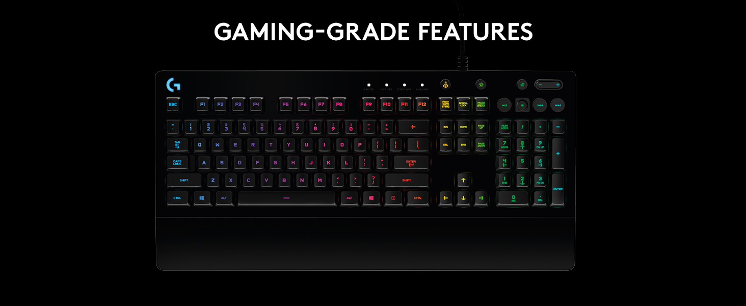 Ігрова клавіатура Logitech G213 Prodigy з RGB-підсвічуванням, програмовані клавіші G, мультимедійне керування, підставка для зап'ястя, захист від бризок, німецьке QWERTZ-розташування клавіш – чорний колір, німецька версія