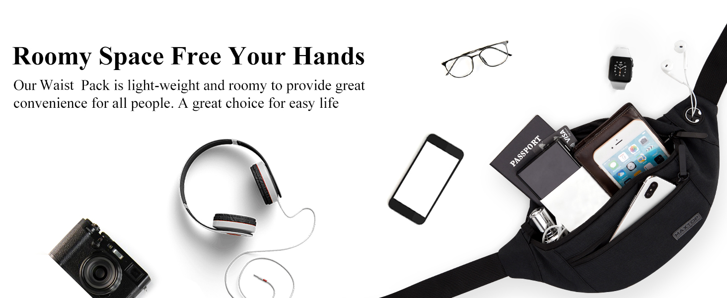 Чоловіча/Жіноча поясна сумка MAXTOP для активного відпочинку, спорт, подорожі (4 відділення, водонепроникна, чорна)