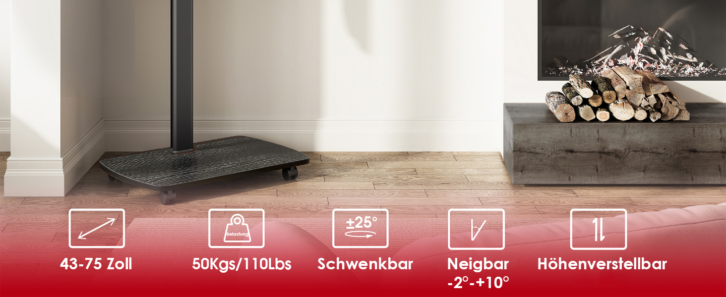 AOKCOS Rolling TV Stand with Shelf - Adjustable Height & Swivel - Fits 43-75 inch TVs (up to 50kg) - VESA 600x400mm - White & Natural Wood Finish