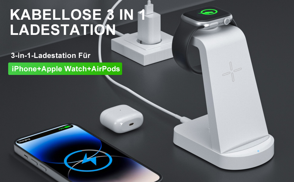 Бездротова зарядка 3 в 1 з адаптером 18W: сумісна з iPhone, Apple Watch, AirPods